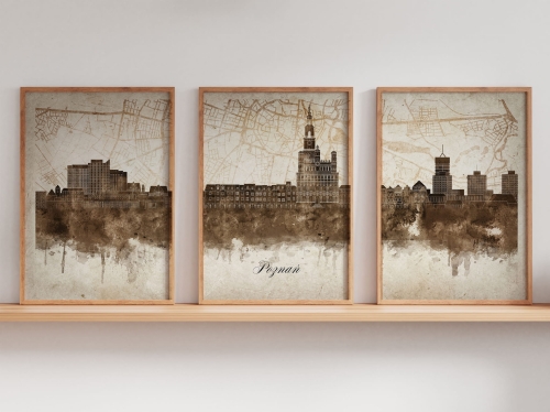Tryptyk Skylines Poznań w stylu Vintage, Styl akwarelowy