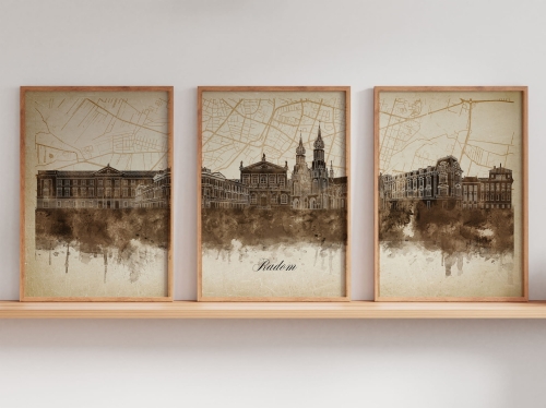 Tryptyk Skylines Radom w stylu Vintage, Styl akwarelowy