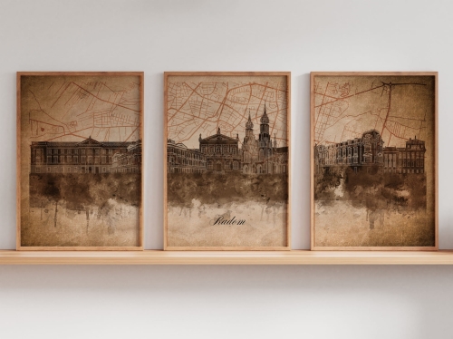 Tryptyk Skylines Radom w stylu Vintage, Styl akwarelowy