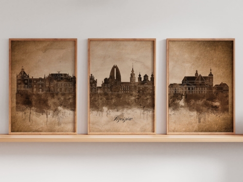 Tryptyk Skylines Rzeszów w stylu Vintage, Styl akwarelowy