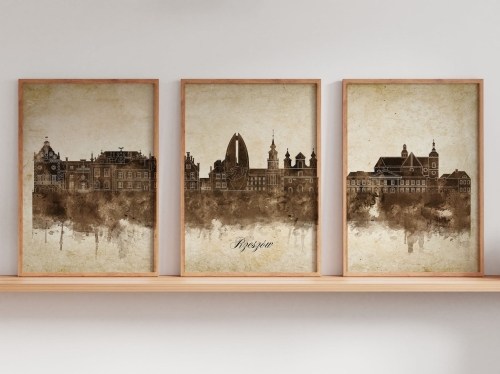 Tryptyk Skylines Rzeszów w stylu Vintage, Styl akwarelowy
