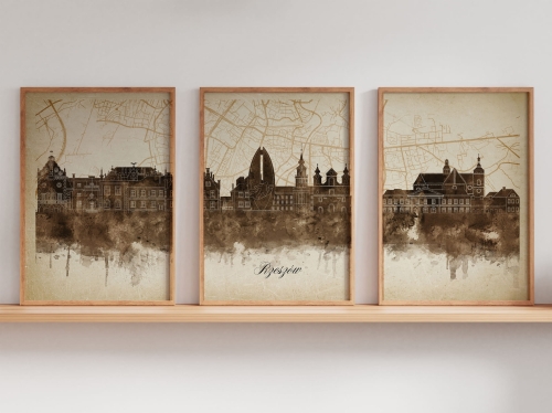 Tryptyk Skylines Rzeszów w stylu Vintage, Styl akwarelowy