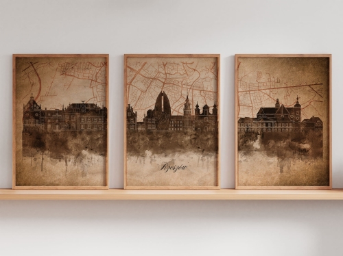 Tryptyk Skylines Rzeszów w stylu Vintage, Styl akwarelowy