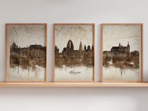 Tryptyk Skylines Rzeszów w stylu Vintage, Styl akwarelowy