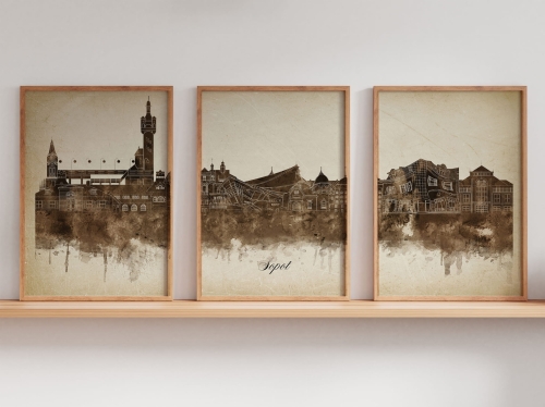 Tryptyk Skylines Sopot w stylu Vintage, Styl akwarelowy