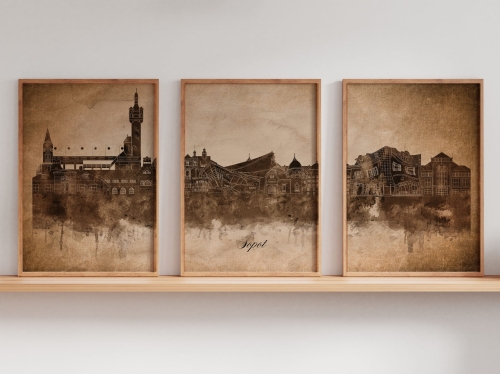 Tryptyk Skylines Sopot w stylu Vintage, Styl akwarelowy