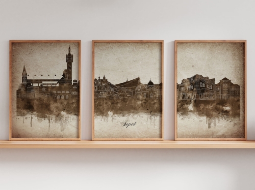 Tryptyk Skylines Sopot w stylu Vintage, Styl akwarelowy