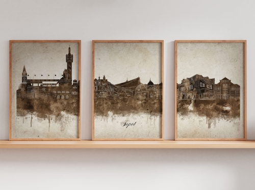 Tryptyk Skylines Sopot w stylu Vintage, Styl akwarelowy