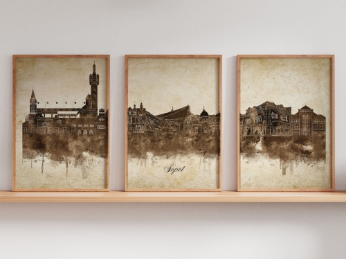 Tryptyk Skylines Sopot w stylu Vintage, Styl akwarelowy