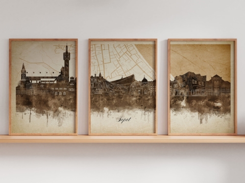 Tryptyk Skylines Sopot w stylu Vintage, Styl akwarelowy