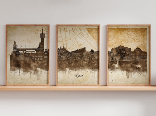 Tryptyk Skylines Sopot w stylu Vintage, Styl akwarelowy