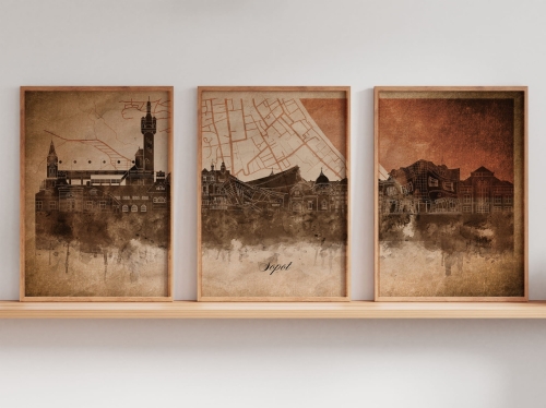 Tryptyk Skylines Sopot w stylu Vintage, Styl akwarelowy