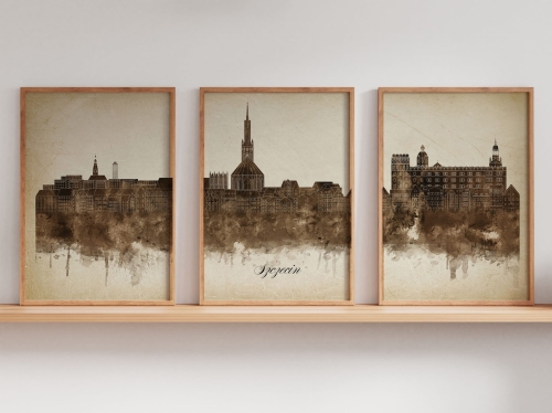 Tryptyk Skylines Szczecin w stylu Vintage, Styl akwarelowy
