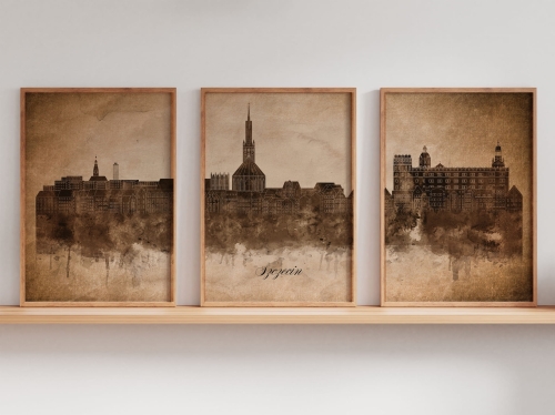 Tryptyk Skylines Szczecin w stylu Vintage, Styl akwarelowy