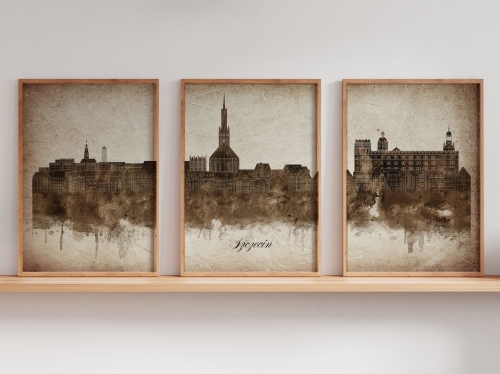Tryptyk Skylines Szczecin w stylu Vintage, Styl akwarelowy