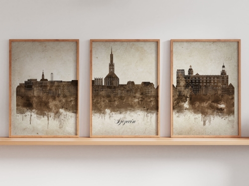 Tryptyk Skylines Szczecin w stylu Vintage, Styl akwarelowy