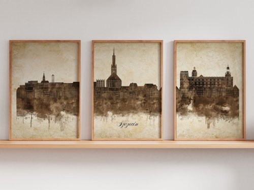Tryptyk Skylines Szczecin w stylu Vintage, Styl akwarelowy