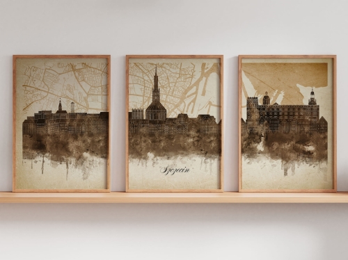 Tryptyk Skylines Szczecin w stylu Vintage, Styl akwarelowy