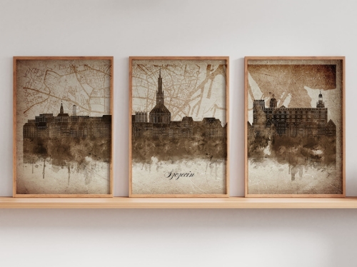 Tryptyk Skylines Szczecin w stylu Vintage, Styl akwarelowy
