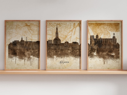 Tryptyk Skylines Szczecin w stylu Vintage, Styl akwarelowy