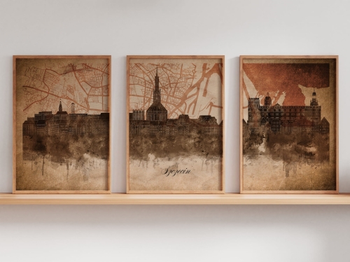 Tryptyk Skylines Szczecin w stylu Vintage, Styl akwarelowy