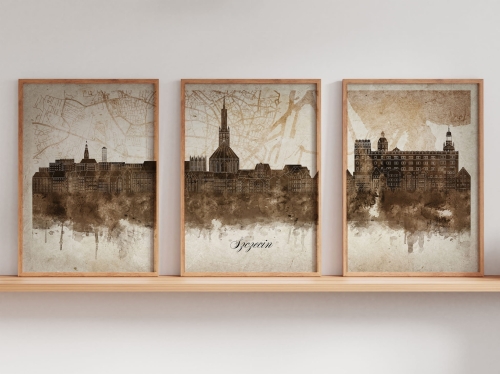 Tryptyk Skylines Szczecin w stylu Vintage, Styl akwarelowy