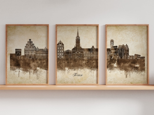 Tryptyk Skylines Toruń w stylu Vintage, Styl akwarelowy