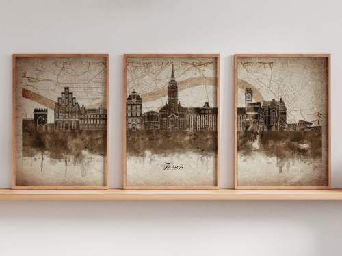 Tryptyk Skylines Toruń w stylu Vintage, Styl akwarelowy