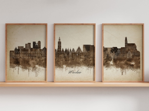 Tryptyk Skylines Wrocław w stylu Vintage, Styl akwarelowy