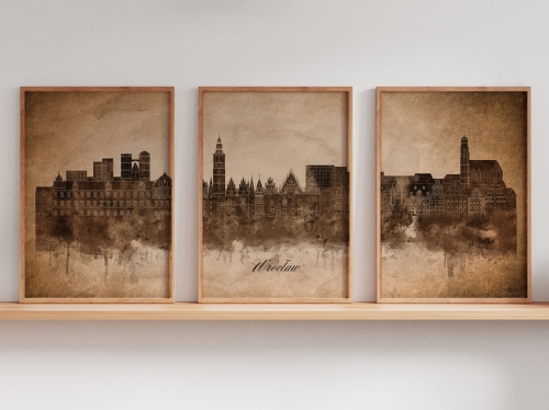 Tryptyk Skylines Wrocław w stylu Vintage, Styl akwarelowy