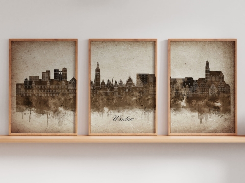 Tryptyk Skylines Wrocław w stylu Vintage, Styl akwarelowy