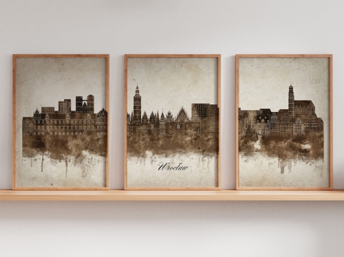 Tryptyk Skylines Wrocław w stylu Vintage, Styl akwarelowy