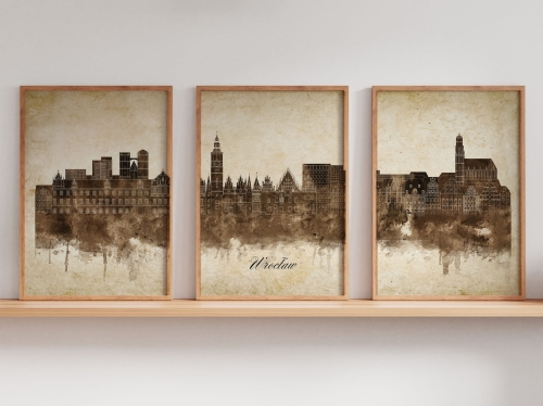 Tryptyk Skylines Wrocław w stylu Vintage, Styl akwarelowy