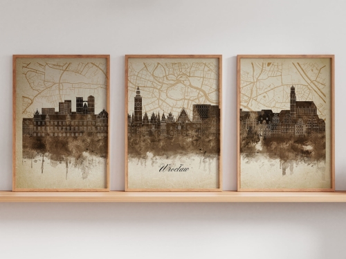 Tryptyk Skylines Wrocław w stylu Vintage, Styl akwarelowy