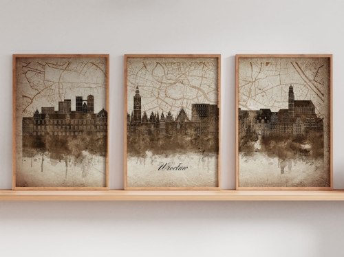 Tryptyk Skylines Wrocław w stylu Vintage, Styl akwarelowy