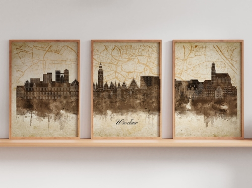 Tryptyk Skylines Wrocław w stylu Vintage, Styl akwarelowy
