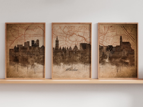 Tryptyk Skylines Wrocław w stylu Vintage, Styl akwarelowy