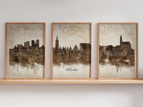 Tryptyk Skylines Wrocław w stylu Vintage, Styl akwarelowy