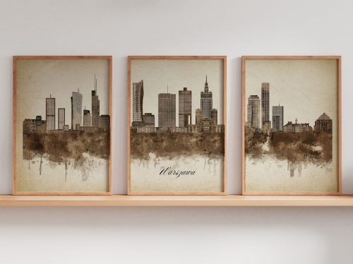 Tryptyk Skylines Warszawa w stylu Vintage, Styl akwarelowy