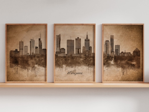 Tryptyk Skylines Warszawa w stylu Vintage, Styl akwarelowy