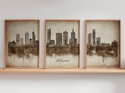Tryptyk Skylines Warszawa w stylu Vintage, Styl akwarelowy