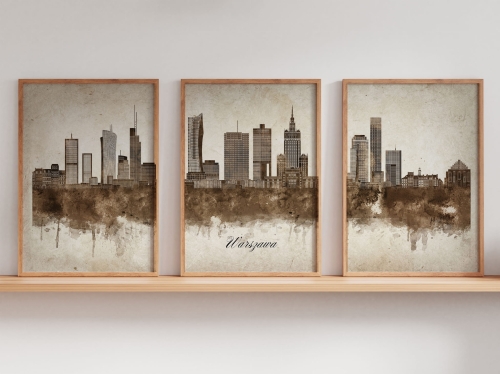 Tryptyk Skylines Warszawa w stylu Vintage, Styl akwarelowy