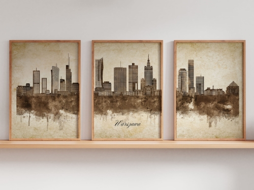 Tryptyk Skylines Warszawa w stylu Vintage, Styl akwarelowy