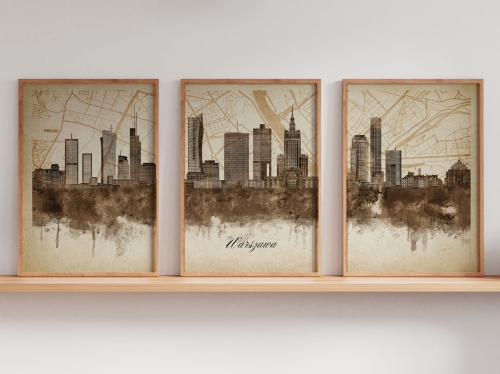 Tryptyk Skylines Warszawa w stylu Vintage, Styl akwarelowy