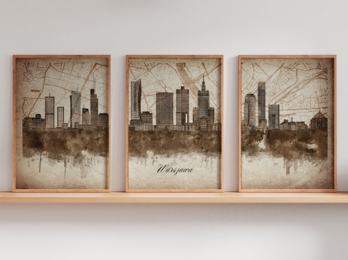 Tryptyk Skylines Warszawa w stylu Vintage, Styl akwarelowy