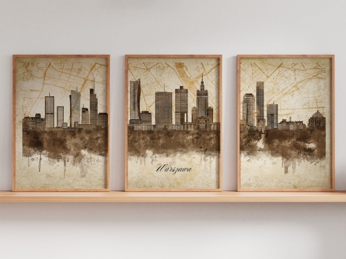 Tryptyk Skylines Warszawa w stylu Vintage, Styl akwarelowy