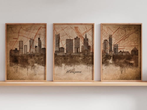 Tryptyk Skylines Warszawa w stylu Vintage, Styl akwarelowy