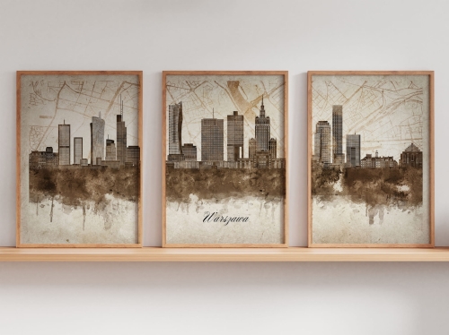Tryptyk Skylines Warszawa w stylu Vintage, Styl akwarelowy