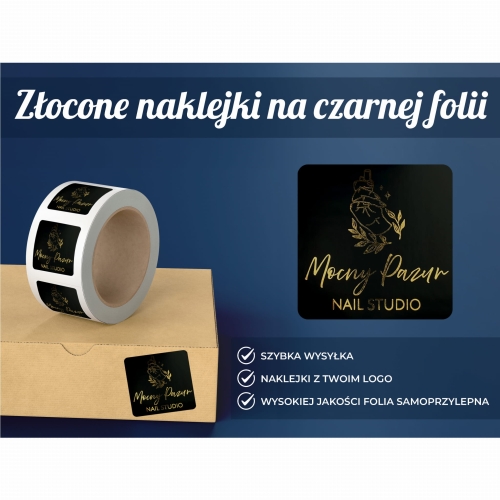 Złocone Naklejki z Twoim logo na Czarnej Folii Samoprzylepnej- Kwadratowe