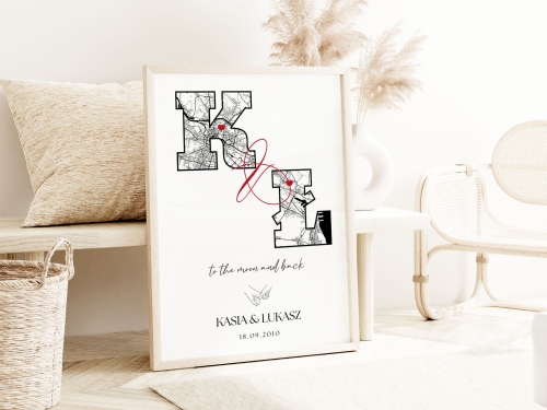 Personalizowany Plakat Mapa, Plakat do Sypialni, 2 Lokalizacje